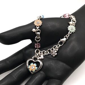 Brighton Charm Bracelet Bloom From Within Silver Plate & Enamel Heart & Flowers